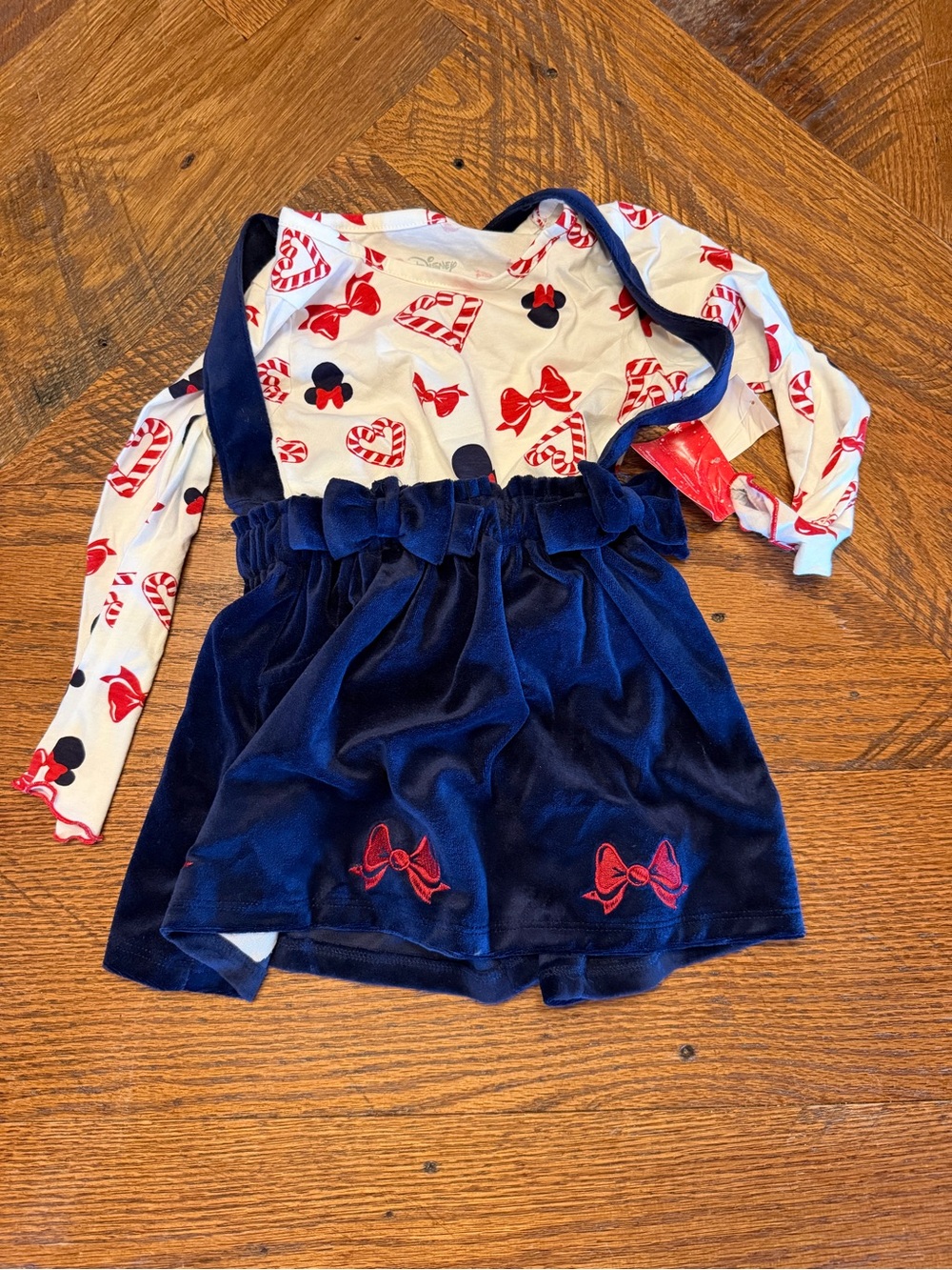 Minnie Mouse Navy Blue Velvet Suspender Skirt with Red Bow-Print Top Sz 18 month
